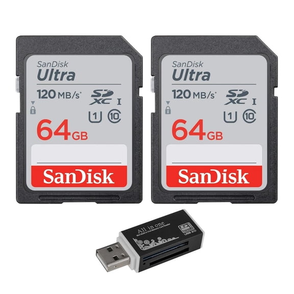 SanDisk (2-Pack) 64GB Ultra SDXC UHS-I Memory Card - 120MB/s, C10, U1, Full HD, SD Card - SDSDUN4-064G-GN6IN + Green Extreme 4 in 1 Memory Multi Card Reader