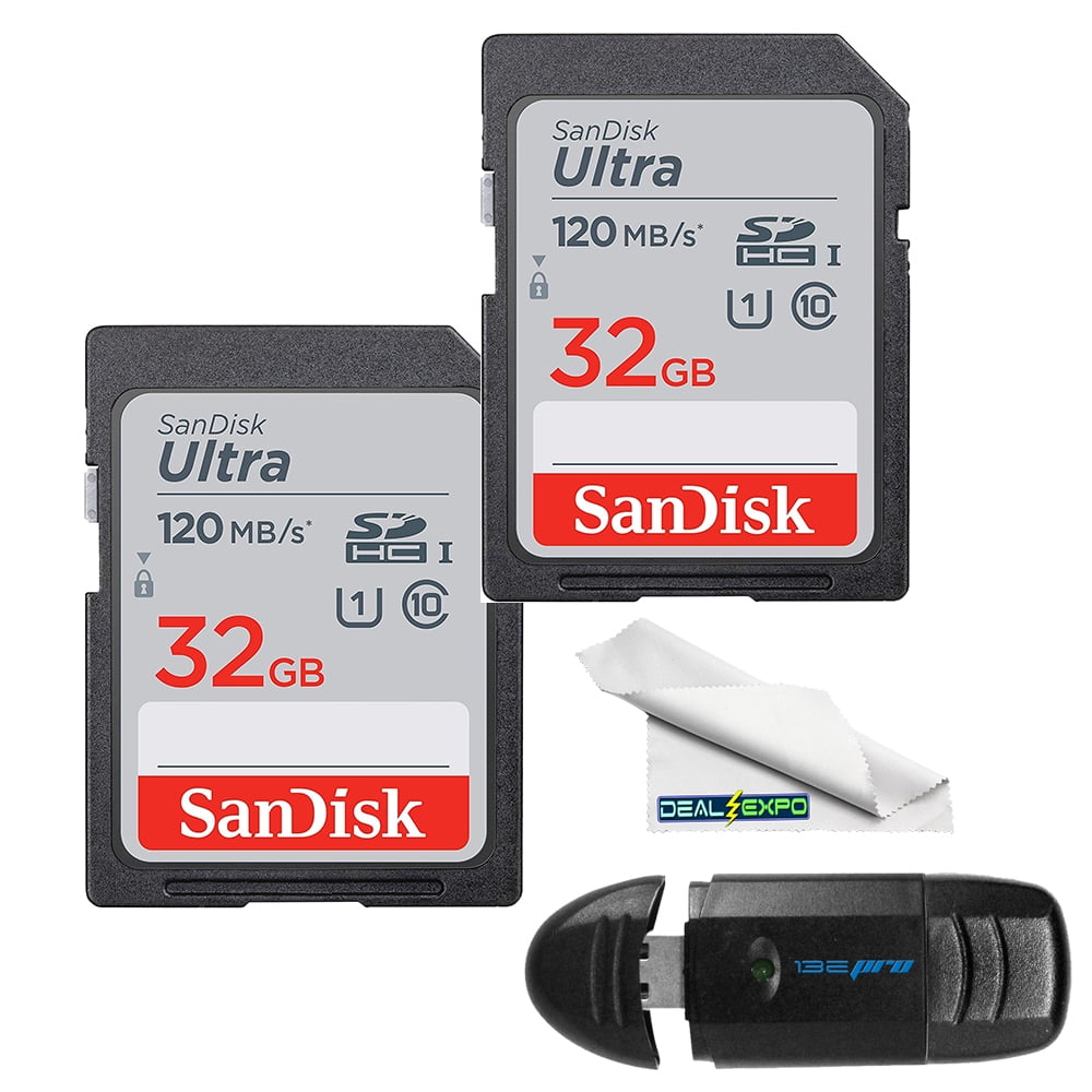 SanDisk 32GB Ultra SD Memory Card (2 Pack) SDHC UHS-I Card 120MB/s Class 10 (SDSDUN4-032G-GN6IN) Bundle With Deal_Expo Microfiber Cloth +SD Card Reader
