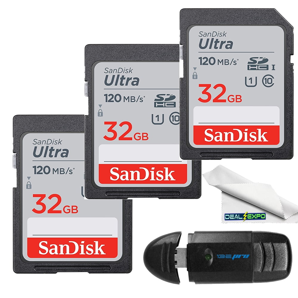 SanDisk 32GB Ultra SD Memory Card (3 Pack) SDHC UHS-I Card 120MB/s Class 10 (SDSDUN4-032G-GN6IN) Bundle With Deal-Expo Microfiber Cloth +SD Card Reader