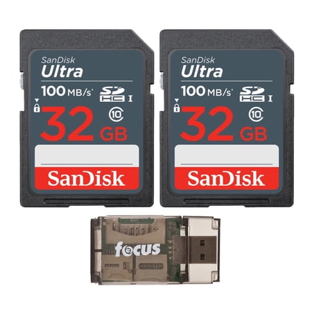 SanDisk 32GB Ultra SDHC UHS-I Memory Card (2-Pack) with All-In-One High Speed USB 2.0 Card Reader Bundle (3 Items)