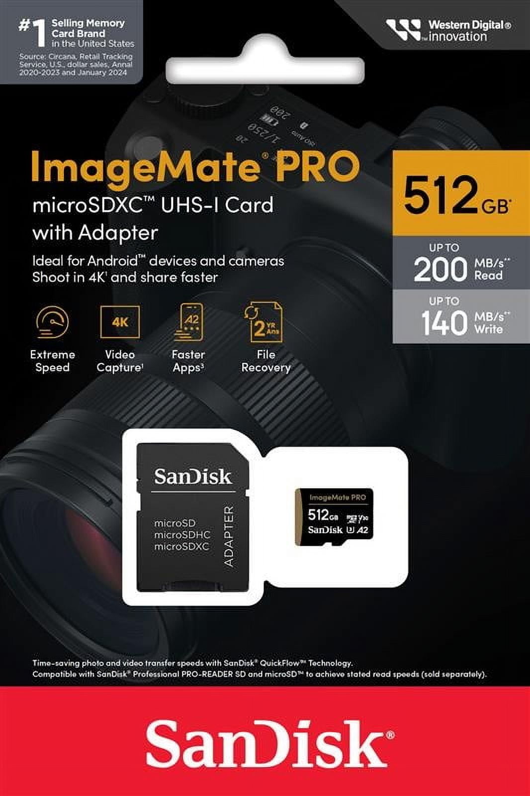 SanDisk 512GB ImageMate Pro microSDXC UHS-1 Memory Card with Adapter- Up to 200MB/s - SDSQXBD-512G-AW6KA