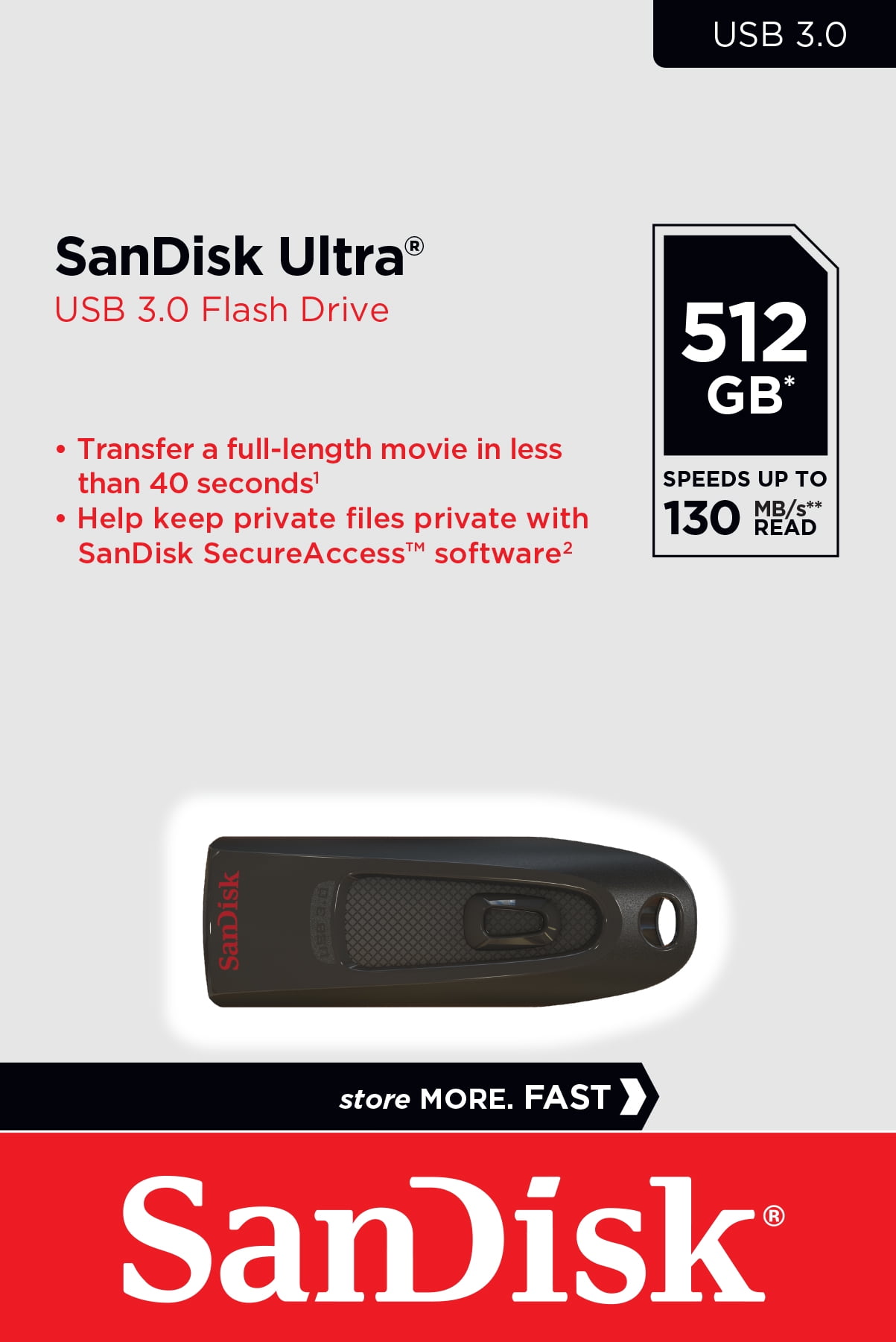 SanDisk Ultra 512GB USB 3.0 Flash Drive - High-Speed Memory, 130MB