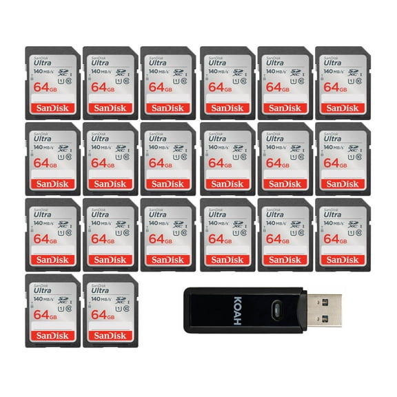 SanDisk 64GB 140 MB/s Memory Card (20-pack) with 2-in-1 USB Memory Card Reader