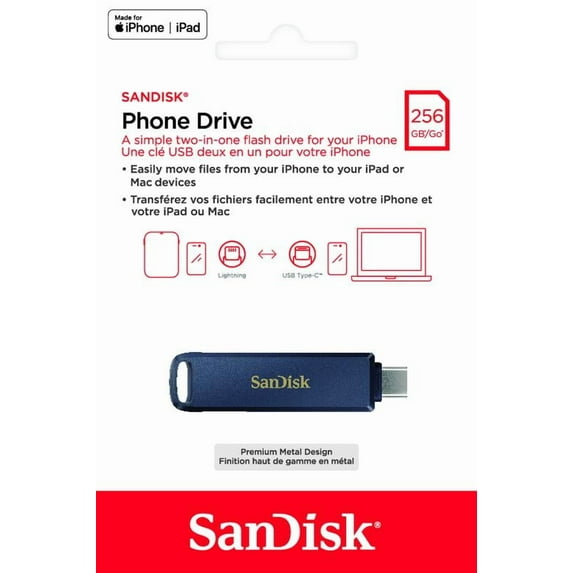 SanDisk® Phone Drive 256GB USB Flash Drive for iPhone**, Lightning and USB Type-C™, Metallic Sky