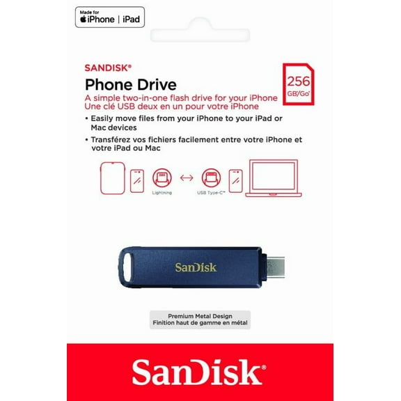 SanDisk® Phone Drive 256GB USB Flash Drive for iPhone**, Lightning and USB Type-C™, Metallic Sky