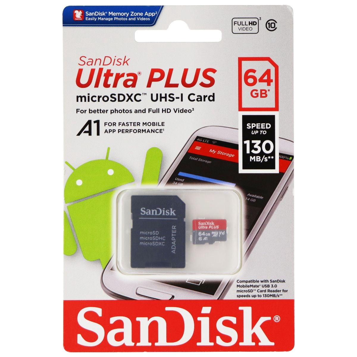 SanDisk Ultra Plus microSDXC UHS-1 Card with Adapter - (64GB 