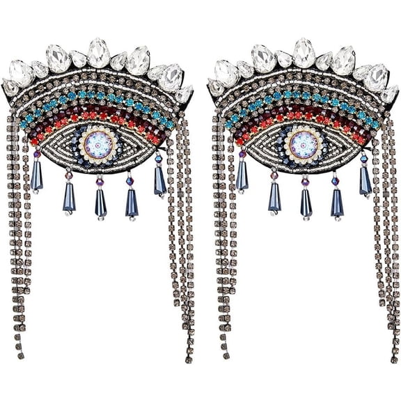 SanGlyptic 2Pcs Evil Eye Shoulder Epaulet with Tassel Detachable Ethnic Style Tassel Epaulette Pin Badge Shoulder Insignia with Felt Rhinestone for Man Woman Leather Jacket Windbreaker Coat