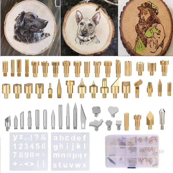 SanGlyptic 53Pcs Wood Burning Tip Set Letter Wood Burning Tool Including Alphabet Number Symbol Durable Brass Alphabet Number Template for DIY Embossing Carving Craft Wood Burning