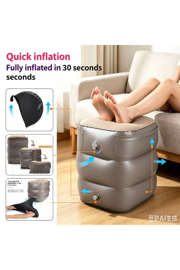 Inflatable Foot Rest Pillow for Travel,Kids Airplane Bed,Adjustable 3 Layers Height Leg Pillow of Air Travel Essentials,Car, Office, Home - Fast Inflation (Grey)