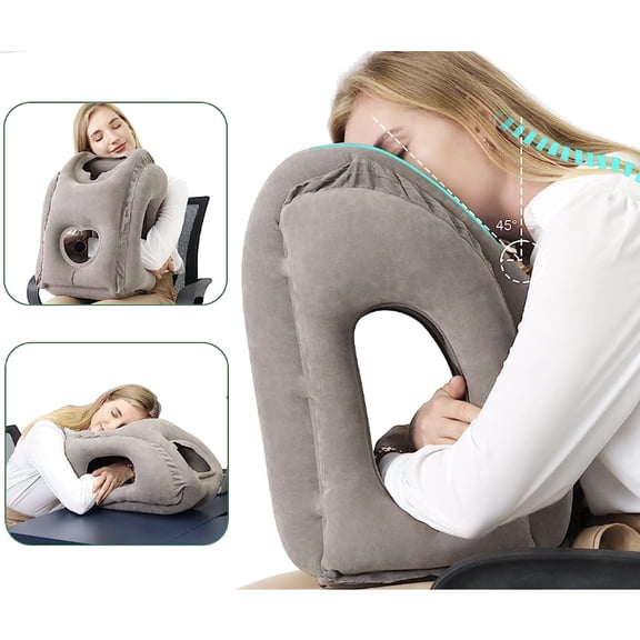 SanGlyptic Portable Inflatable Travel Pillow for Sleeping on Plane, Train, Car - with Quick Inflation Pump & Storage Bag, Gray