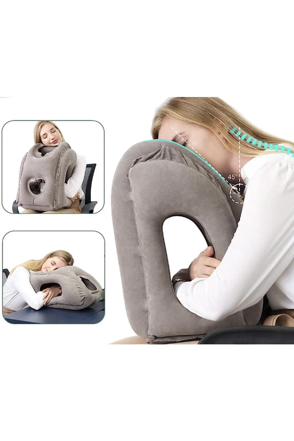 Travel Pillow, Inflatable Neck Pillow Used for Airplanes/Cars/Buses/Trains/Office- with Quick Inflation Pump & Storage Bag, Gray