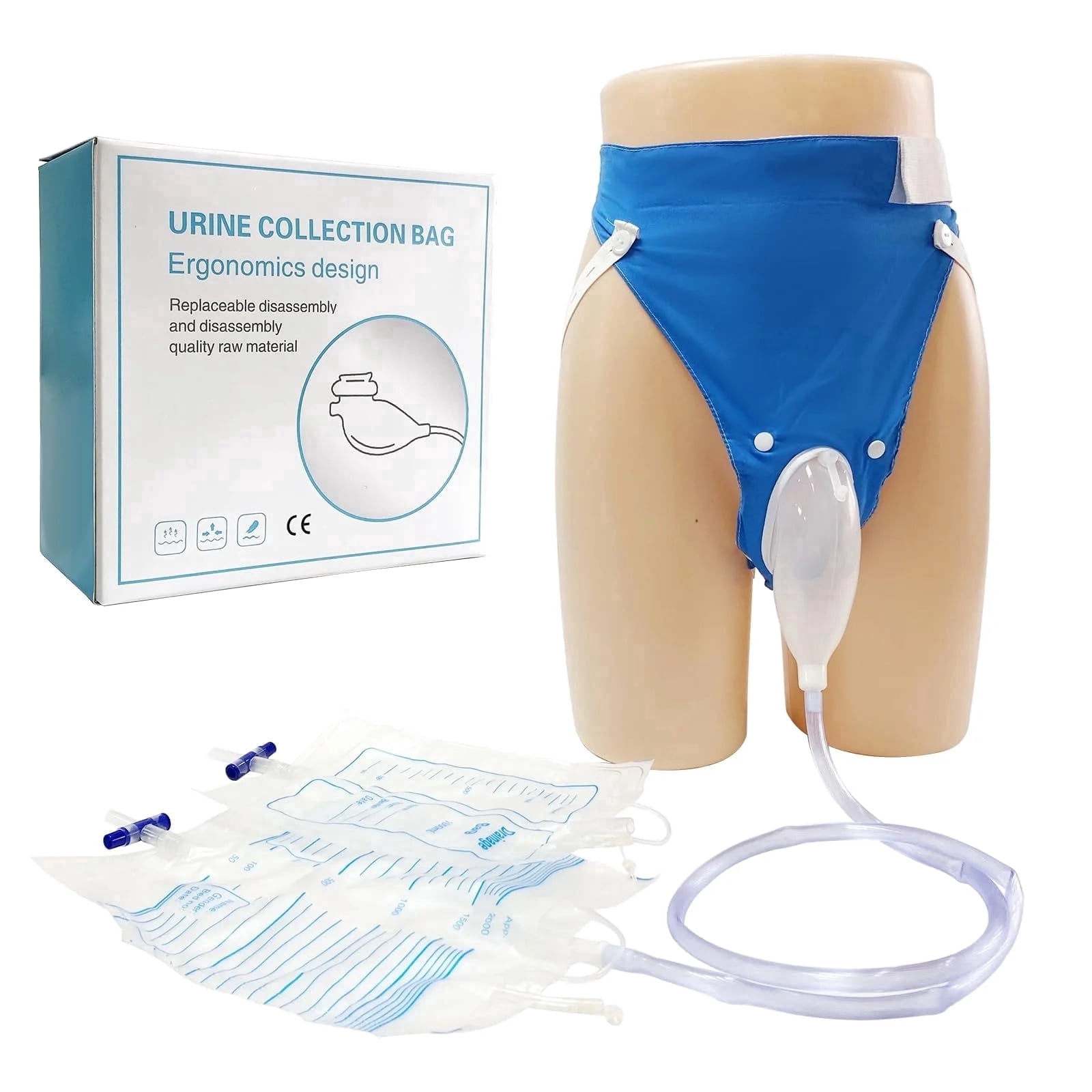 SanGlyptic Wearable Urine Collection Bag External Catheter for Women, Reusable Portable Silicone Urinal with 1000ml and 2000ml Urine Catheter Bags,Blue
