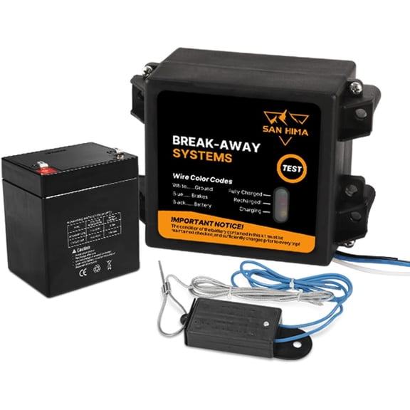 SanHima Trailer Brakes Breakaway Kit w/Switch & 12V 5AH Battery Built-in Charger, LED Indicator, for Caravan Towable RV Vehicle