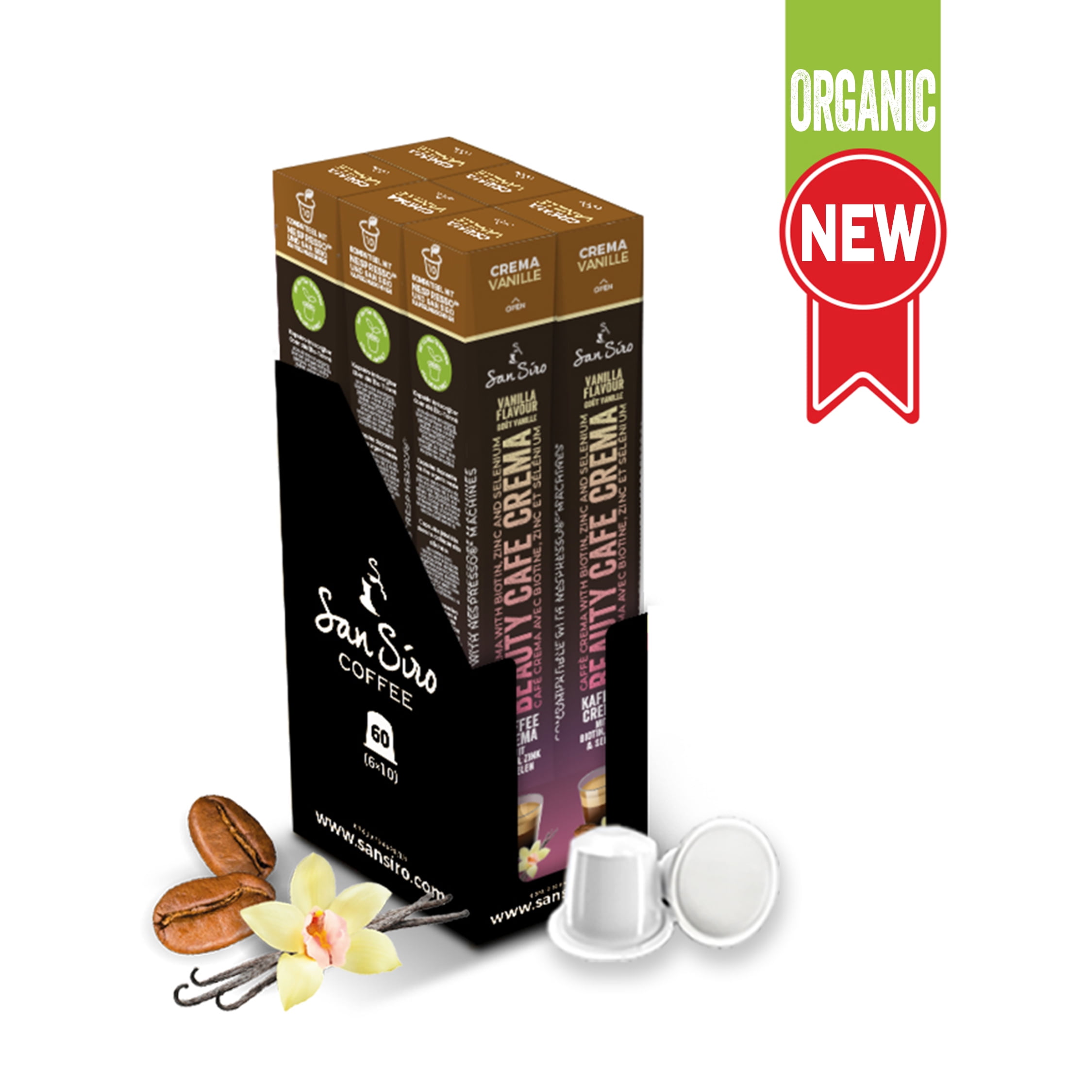 SanSiro Organic - Beauty Coffee Crema Vanilla Flavór with Vitamins - 6 Bags (60 Pods) Compatible With Nespresso Original Machines