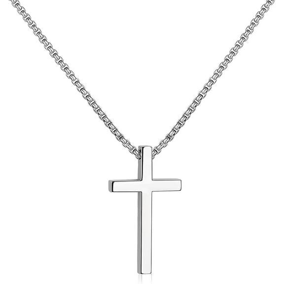 SanThree 3mm Pure Titanium Cross Necklace for Men Women Square Box Rolo Chain, Skin Friendly Solid Round Link Rolo Chain for Birthday Valentines Graduation Gifts，21.65"/23.62“