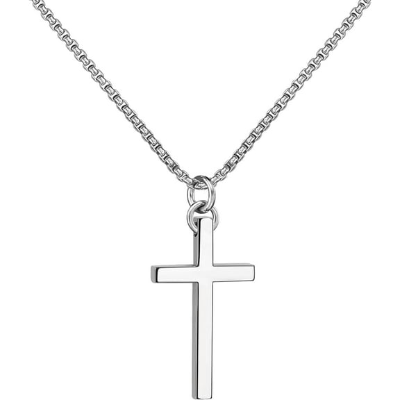 SanThree 3mm Pure Titanium Cross Necklace for Men Women Square Box Rolo Chain, Skin Friendly Solid Round Link Rolo Chain for Birthday Valentines Graduation Gifts, 23.62 Inches