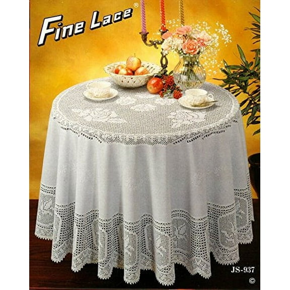 Sana Enterprises Vinyl Lace Crochet Tablecloth for Kitchen, Dining and Buffet, Floral, Stain Resistant, White. 70 Inch Round.