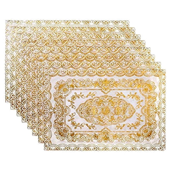 Sana Enterprises Vinyl Lace Placemats, Gold Metallic, Reusable and Washable, Set of 8, 12 x 18 Inch