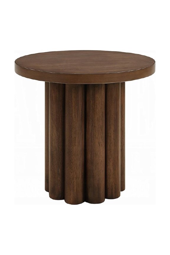 Sana Side End Table- 20 Inch Round Top- Rustic Fluted Base- Dark Brown