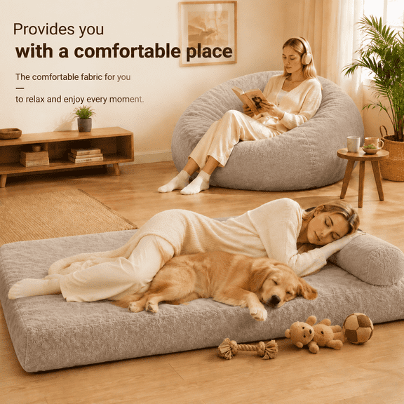 Sanae 2-in-1 Teddy Fleece Convertible Bean Bag Chair Bed for Adults, Oversized Foam Foldable Sofa for Bedroom Living Room Guest Room Khaki