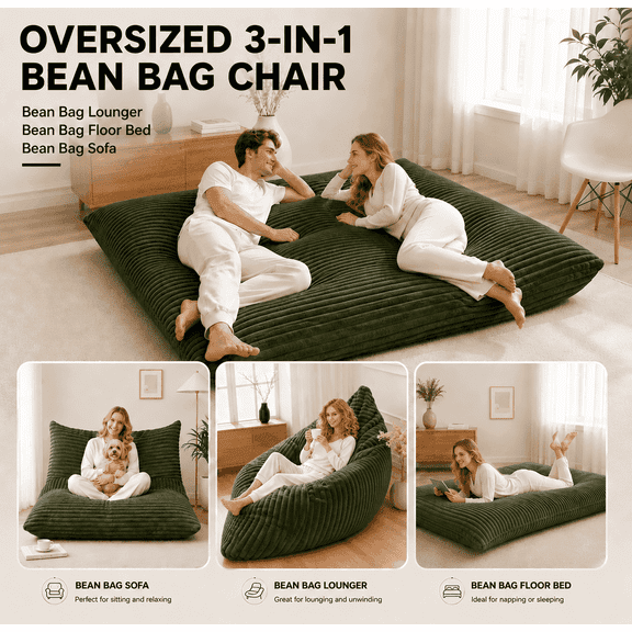 Sanae 3-In-1 Striped Corduroy Bean Bag Bed, Convertible Double Lounge, Washable Cover for Bedroom Living Room, Green