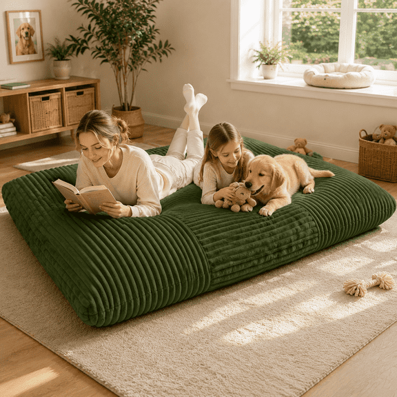 Sanae 3-In-1 Striped Corduroy Bean Bag Bed, Convertible Double Lounge, Washable Cover for Bedroom Living Room, Green