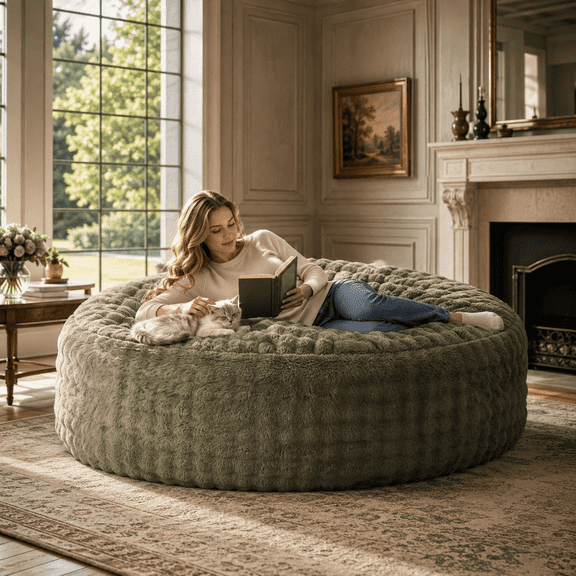 Sanae 6FT Oversized Faux Rabbit Fur Bean Bag Chair, High Density Sponge Filling, Vacuum Compressed No Assembly Round Lazy Sofa for Adults, Green