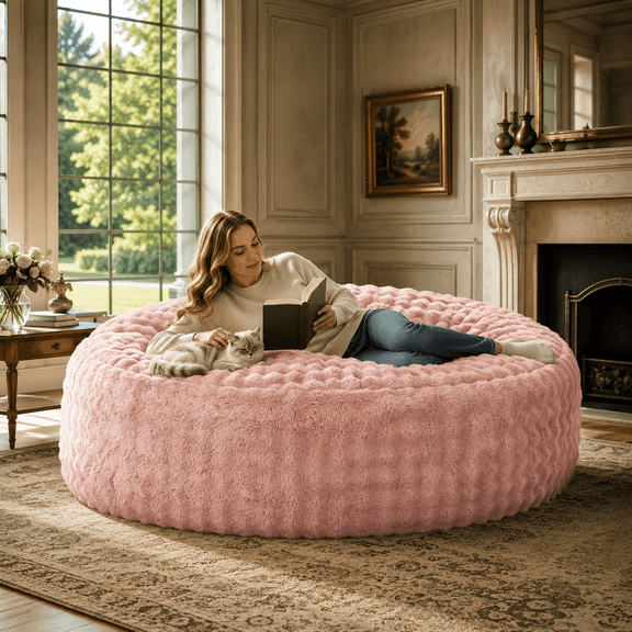 Sanae 6FT Oversized Faux Rabbit Fur Bean Bag Chair, High Density Sponge Filling, Vacuum Compressed No Assembly Round Lazy Sofa for Adults, Pink