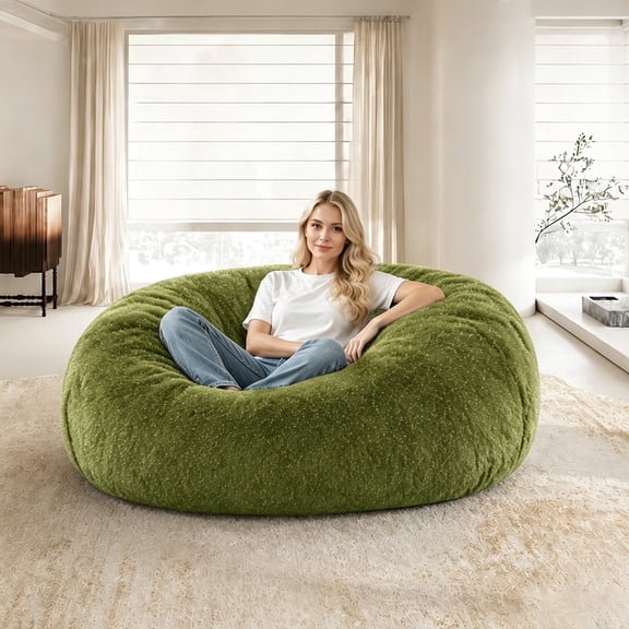 Sanae 6FT Round Glitter Fluffy Bean Bag Chair, Memory Foam, Washable Zipper Cover Vacuum Pack Furniture Living Room Bedroom Gaming Green