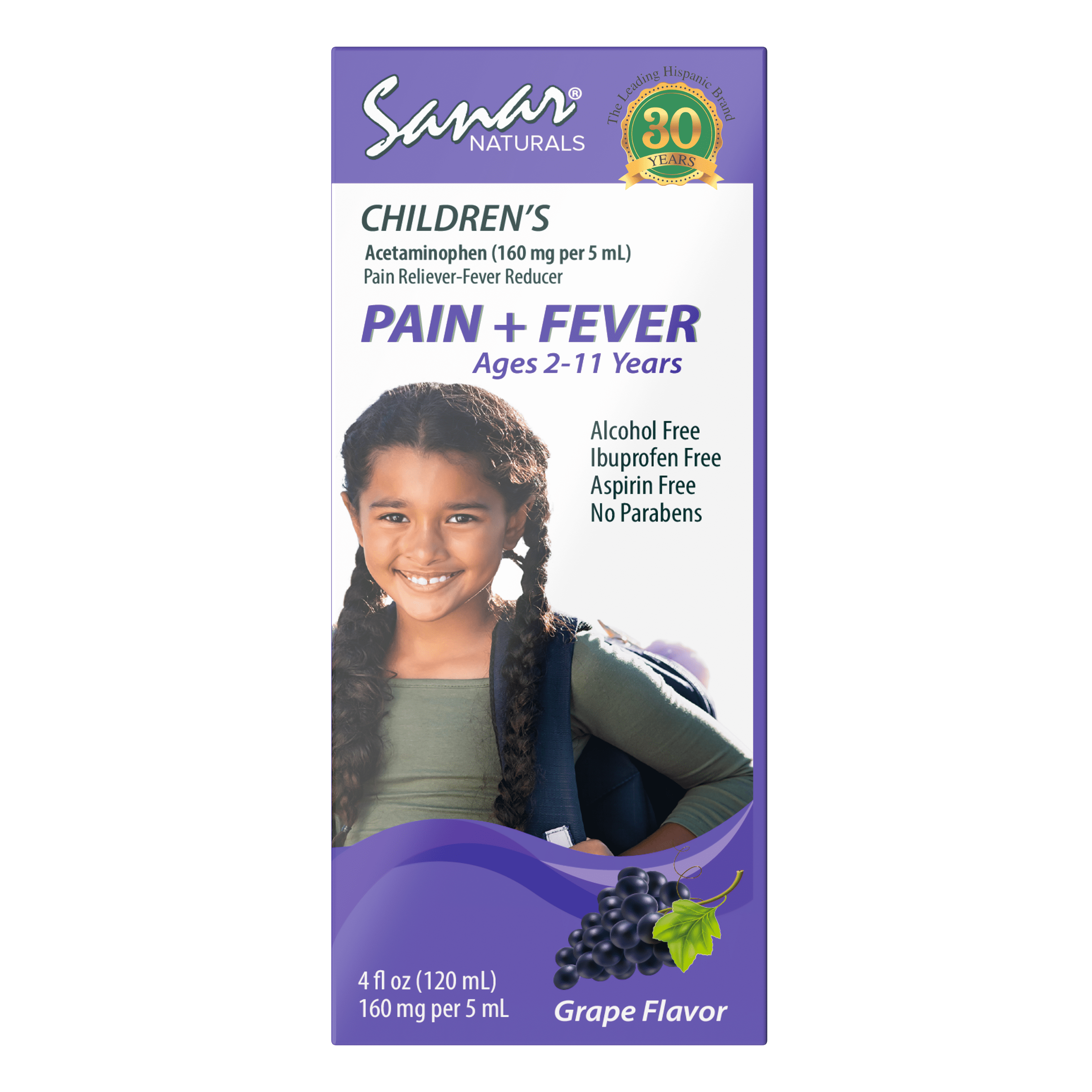 Sanar Naturals Children's Pain and Fever with Acetaminophen, Grape, 4 oz