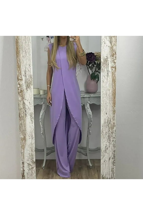7 Colors Mature Women Suit Slit Sleeveless Loose Blouse And Wide Leg Pants Set