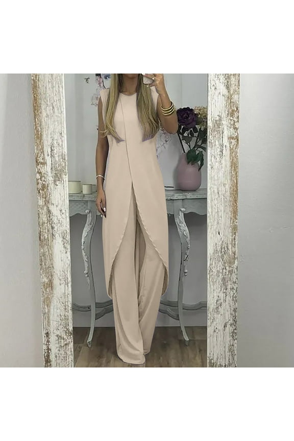 7 Colors Mature Women Suit Slit Sleeveless Loose Blouse And Wide Leg Pants Set