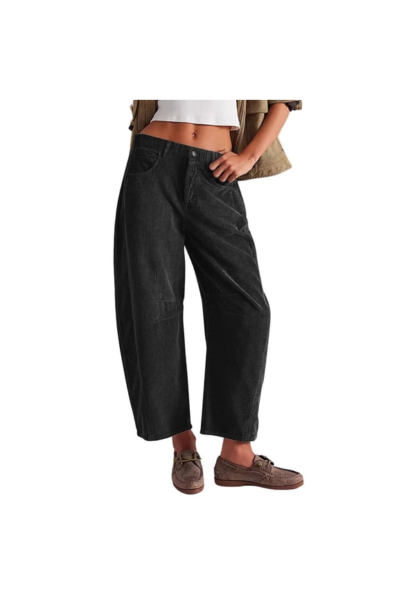 Capri Pants for Women Women's Corduroy Pants Barrel Mid Elastic Waist Pants Casual Wide Leg Baggy Trouser With Pockets