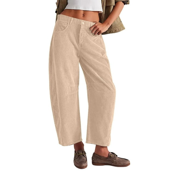 Sanbonepd Capri Pants for Women Women's Corduroy Pants Barrel Mid Elastic Waist Pants Casual Wide Leg Baggy Trouser With Pockets