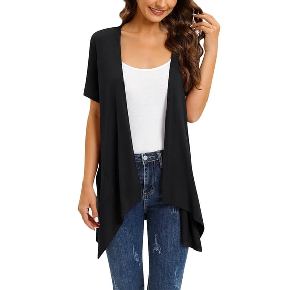 Sanbonepd Women Cardigan Short Sleeve Casual Coat Drape With Pocket High Low Hem