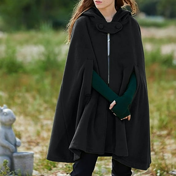 Sanbonepd Hooded Medium Women Cape Winter Vintage Overcoat Fashion Button Cloak