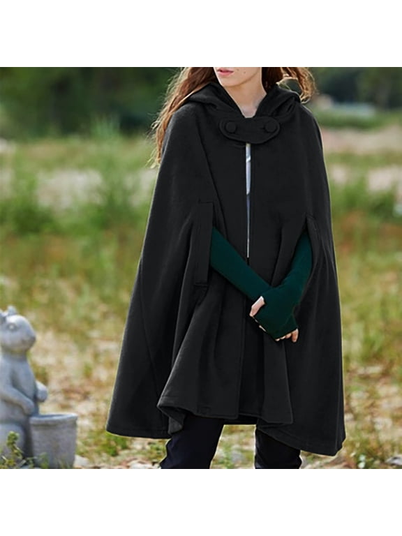 Hooded Medium Women Cape Winter Vintage Overcoat Fashion Button Cloak