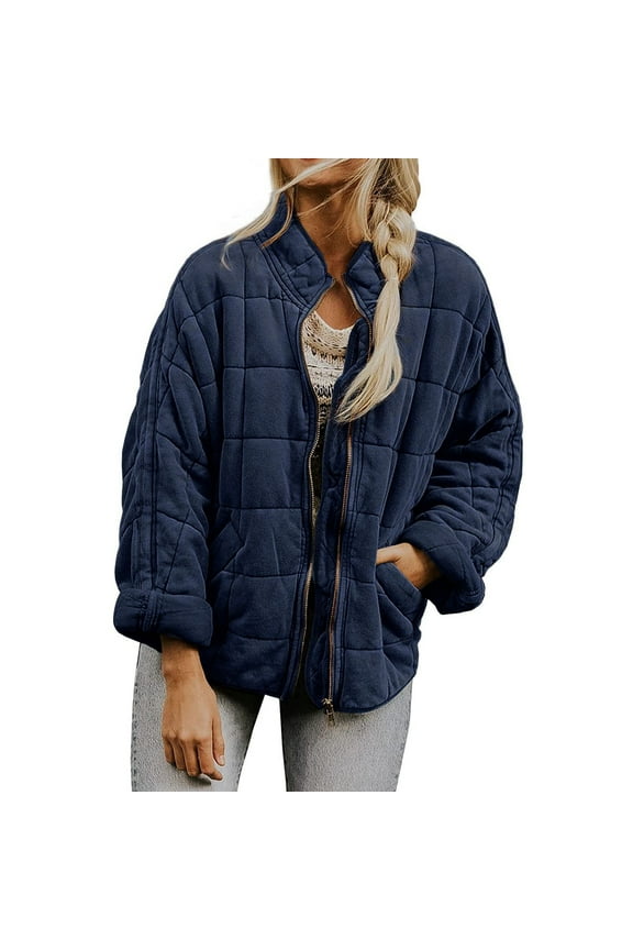 Jackets For Women Casual Fall Loose Plain Quilted Stand Collar Zip Up Womens Winter Coats Trendy