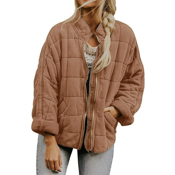 Sanbonepd Jackets For Women Casual Fall Loose Plain Quilted Stand Collar Zip Up Womens Winter Coats Trendy