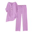 thumbnail image 1 of Sanbonepd Linen Sets for Women 2 Piece Casual Plain Short Sleeve V Neck Linen Shirt with Pants Loose Vacation Summer Outfits Pink, 1 of 5