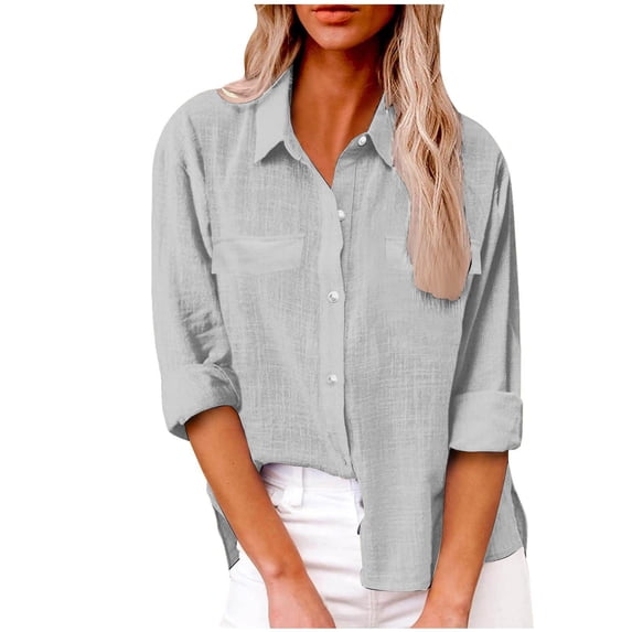 Sanbonepd Linen Shirts for Women Button Down Cotton Dress Long Sleeve Blouses V Neck Solid Casual Tunics Tops with Pockets Spring Summer Tops Grey