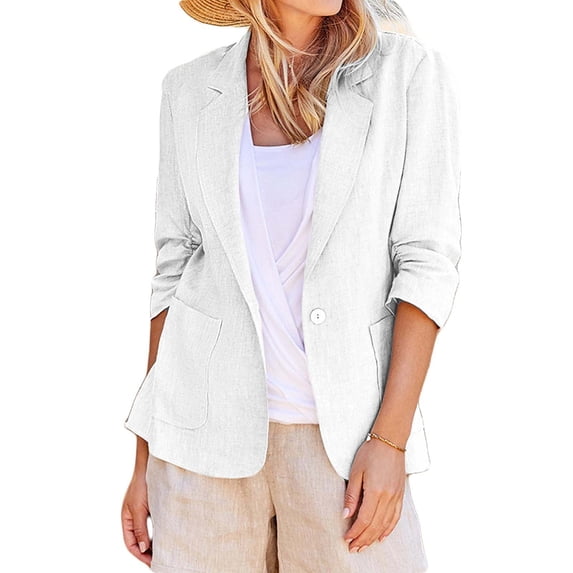Sanbonepd Linen Suit Jackets Women Casual 3/4 Stretchy Ruched Sleeve Lightweight Jacket
