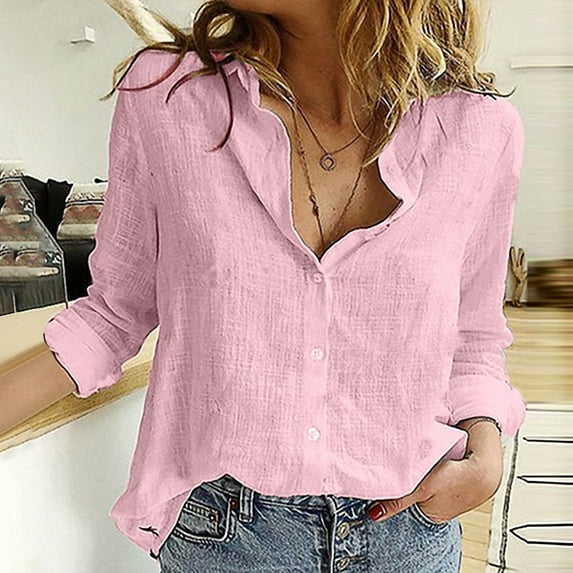 Sanbonepd Pink Linen Womens Button Down Blouse, Casual Long Sleeve Loose Fit Shirts Women Leisure Solid Color Work Lapel Blouse Tops 4XL