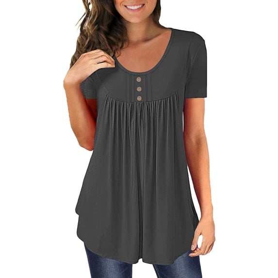 Sanbonepd T Shirts for Women Plus Size Henley Tunic Tops Short Sleeve Button Up Casual Ruched Blouses Clothes Peplum Flowy Summer Tops Grey
