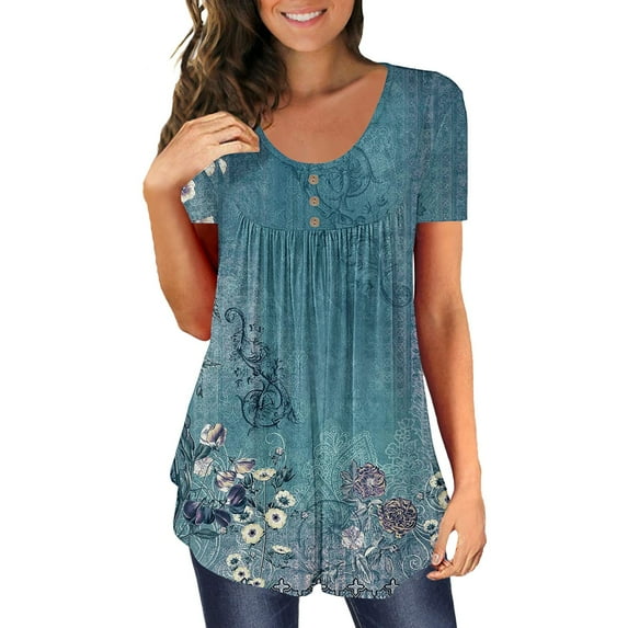 Sanbonepd T Shirts for Women Plus Size Henley Tunic Tops Short Sleeve Button Up Casual Ruched Blouses Clothes Peplum Flowy Summer Tops Sky Blue