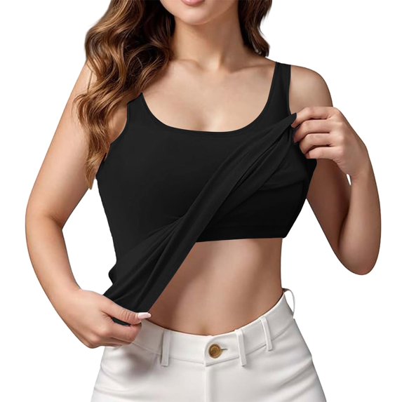 Sanbonepd Tank Top with Built in Bra for Women Plus Size Padded Camisole Yoga Workout Tank Tops Slim Basic Undershirt Summer Black
