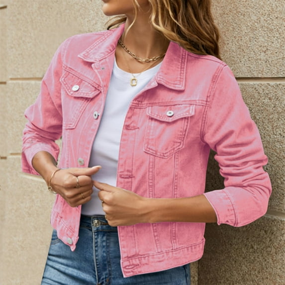 Sanbonepd Women's Basic Solid Color Button Denim Jacket With Pockets Jean Coat