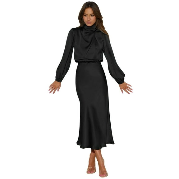 Sanbonepd Women's Mock Neck Satin Dresses Elegant Long Sleeve High Waist Formal Wedding Party Cocktail Dresses