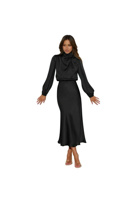 Women's Mock Neck Satin Dresses Elegant Long Sleeve High Waist Formal Wedding Party Cocktail Dresses