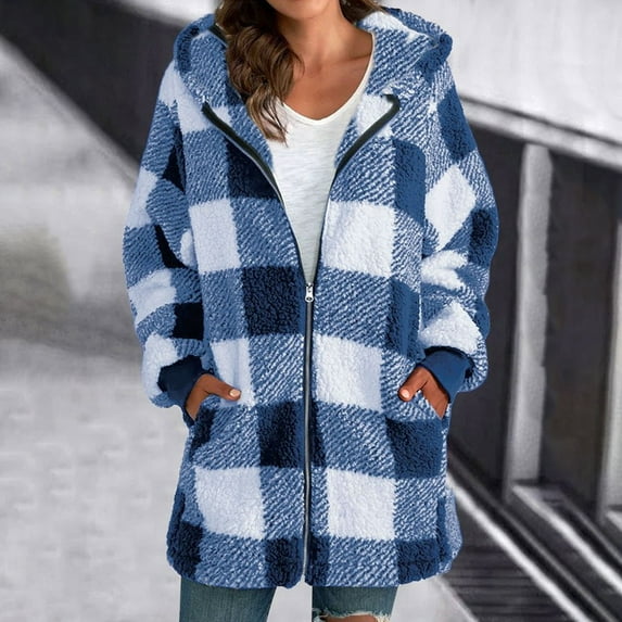 Sanbonepd Women's Plush Coat Long Sleeve Plaid Hooded Zipper Loose Fleece Jacket